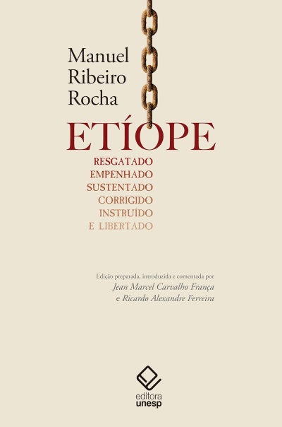 Capa de livro com corrente enferrujada e texto em vermelho e bege