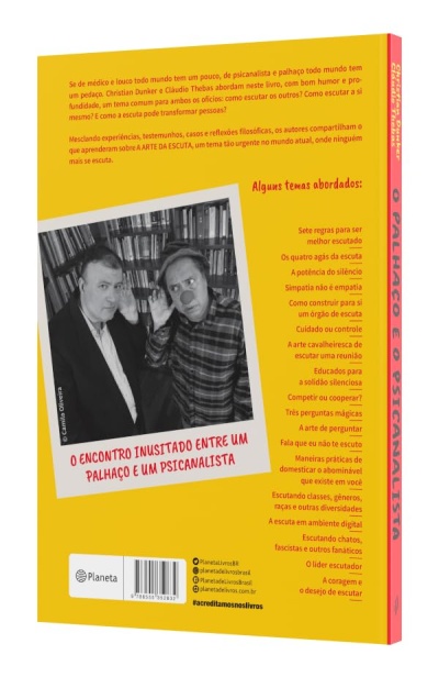 Capa traseira do livro O PALHAÇO E O PSICANALISTA com fotografia e texto em português.