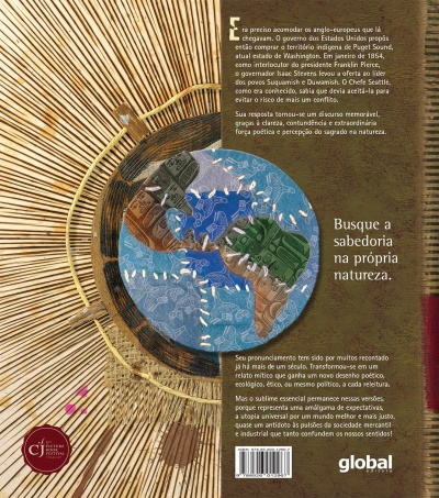 Parte de trás de livro com padrão circular e texto em português