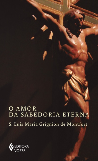 Livro com escultura de Jesus crucificado em madeira dourada e castanha.