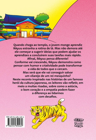 Contra-capa de livro rosa com texto em português, tigre ilustrado amarelo e preto, templo japonês colorido e símbolo da coleção CANOA