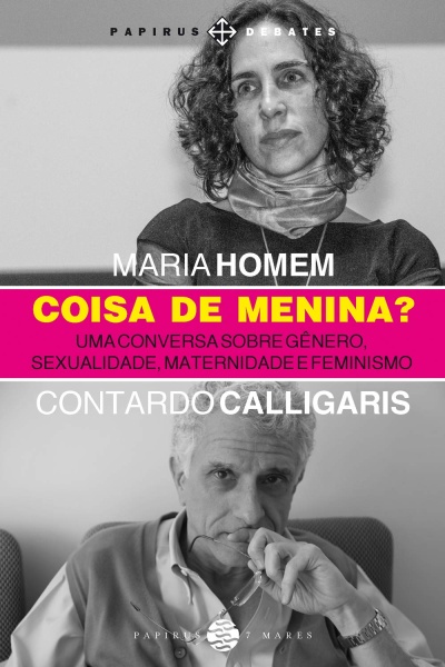 Imagem a preto e branco de Maria Homem e Contardo Calligaris com texto sobre debate de gênero