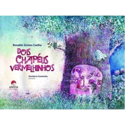 Capa de livro infantil com ilustração de uma árvore com uma janela e personagem, título em letras rosa e texto do autor e ilustrador