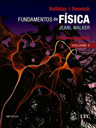 Capa de livro FUNDAMENTOS de FÍSICA com design abstrato laranja e negro