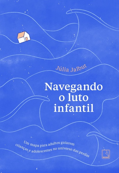 Capa de livro azul com ondas brancas, casa pequena e texto em branco e castanho