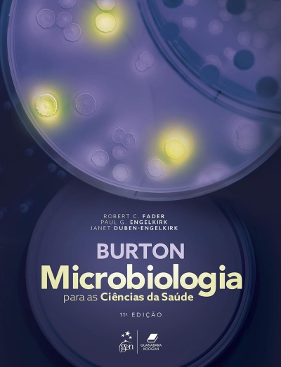 Capa de livro com placas de cultura bacteriana e título Microbiologia para as Ciências da Saúde