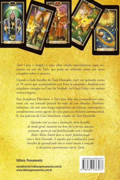 Parte traseira de livro com cartas de tarô coloridas e texto em português sobre Tarô Claro e Simples em fundo dourado