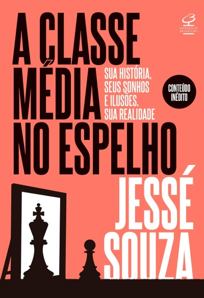 Capa de livro A Classe Média no Espelho com texto e ilustração de peças de xadrez