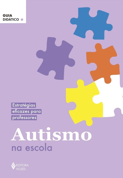 Capa de livro lilás com peças de puzzle coloridas e texto sobre autismo na escola