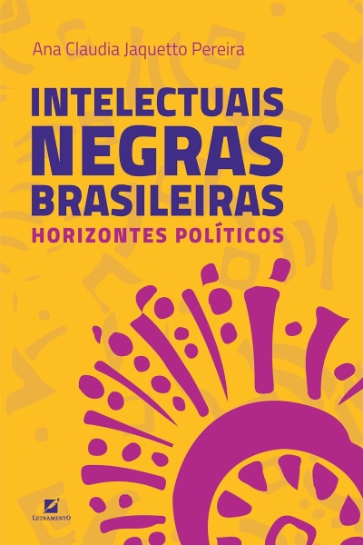 Capa do livro Intelectuais Negras Brasileiras com padrão roxo e fundo amarelo.