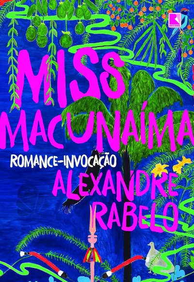 Capa de livro azul com plantas verdes e texto rosa e branco