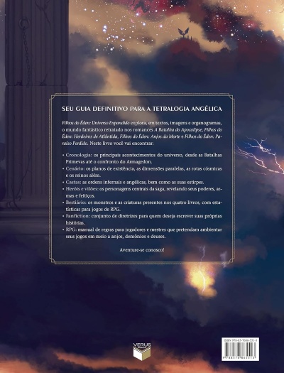 Contracapa de livro com texto descritivo, fundo de céu com nuvens e relâmpagos.