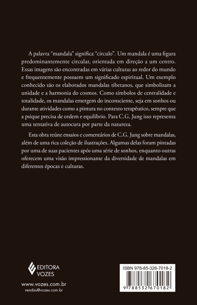 Contracapa de livro castanha com texto explicativo sobre mandalas e logo Editora Vozes.