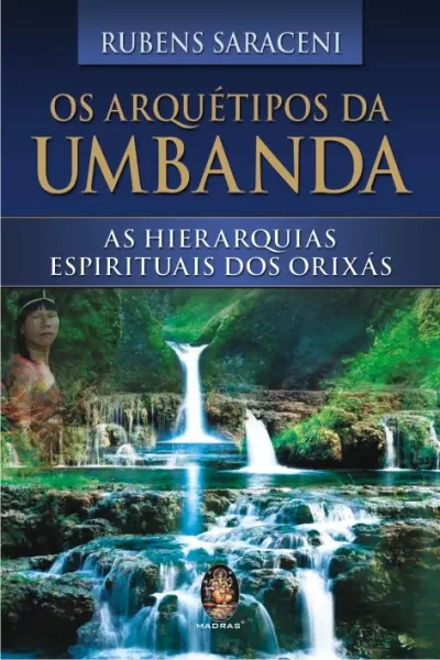 Capa do livro Os Arquétipos da Umbanda com cascata e figura feminina