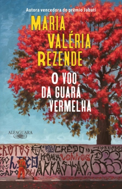 Capa de livro com título e ilustração de árvore vermelha e muro grafitado