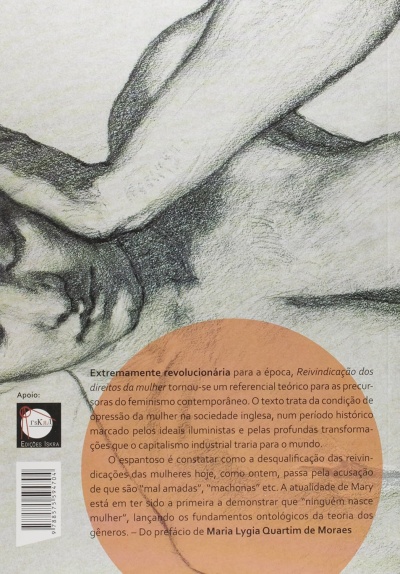 Capa traseira de livro com desenho a lápis de figura humana e texto sobre feminismo com círculo alaranjado no fundo.