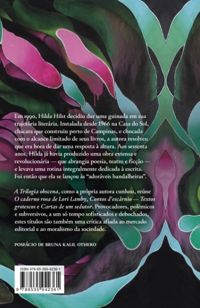 Capa traseira de livro com design abstrato em verde, rosa e azul e texto em português.