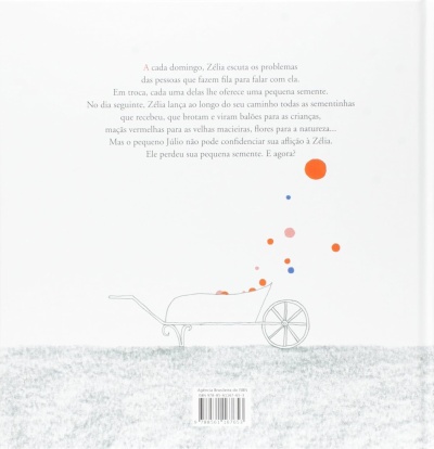 Contra capa de livro infantil com texto e ilustração de carrinho com bolinhas coloridas