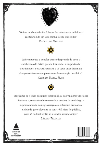 Contracapa de livro com texto, ilustrações de coração e flores, selo Editora Nova Fronteira e código de barras.