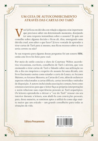 Capa traseira de livro sobre autoconhecimento com cartas do Tarô em português