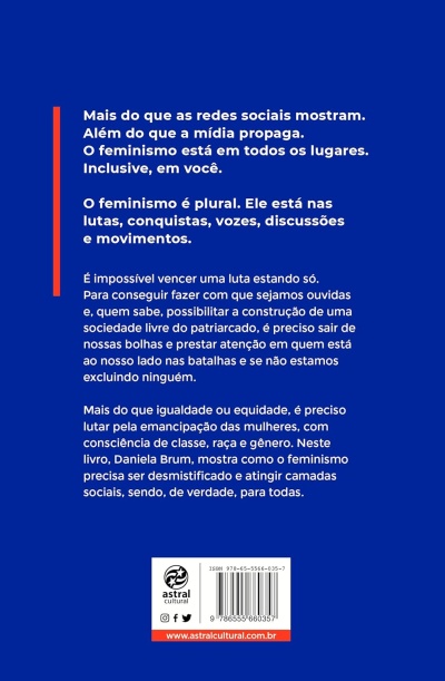 Capa traseira azul de livro com texto em português sobre feminismo e código de barras