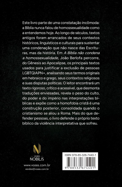 Parte traseira do livro com texto em português, selo da editora VOZES NOBILIS e código de barras