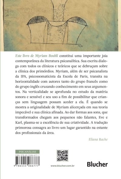 Parte traseira de livro com desenho abstrato e texto em português