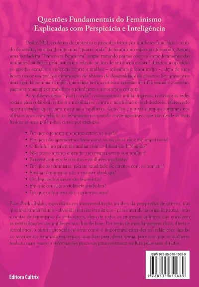 Contracapa de livro rosa com texto sobre feminismo e código de barras ISBN.
