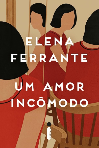 Ilustração de mulheres de vestido vermelho e cabelo preto em cadeiras, texto branco em fundo bege