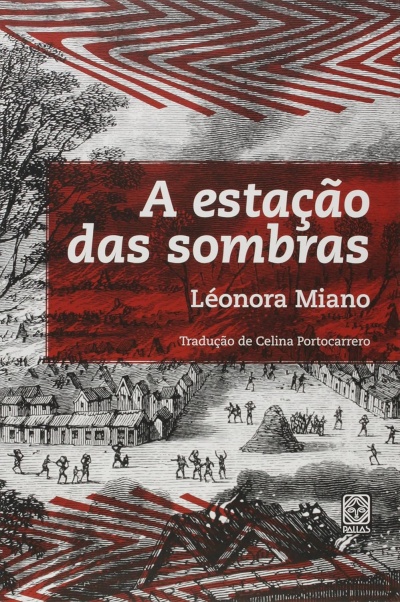 Capa do livro A estação das sombras de Léonora Miano com ilustração de aldeia em preto, branco e vermelho.