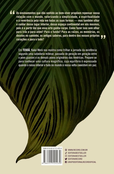 Capa traseira de livro com folha verde escura, texto em português e código de barras.