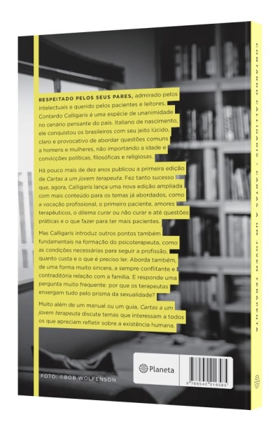 Parte traseira de livro preto e amarelo com texto e código de barras