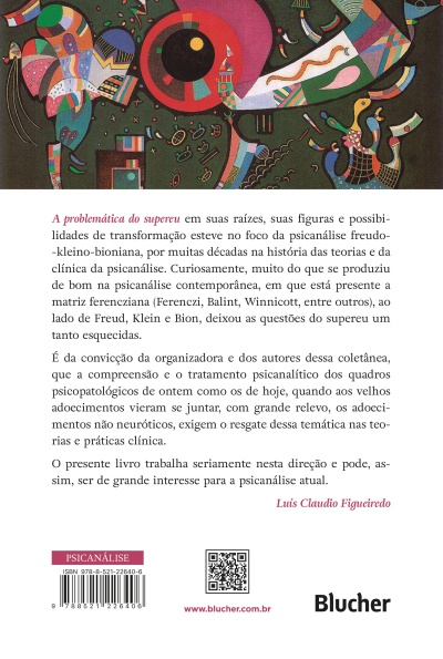 Contracapa de livro com padrão abstrato colorido, texto em português, código de barras e logo Blucher.