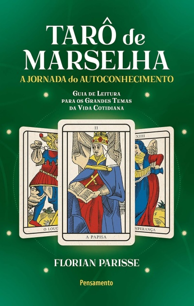Capa de livro de tarô com cartas e texto em verde, branco e amarelo