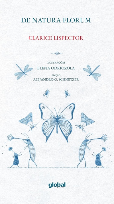 Capa de livro com título, autor e ilustrações de borboletas e insetos em azul sobre fundo branco.