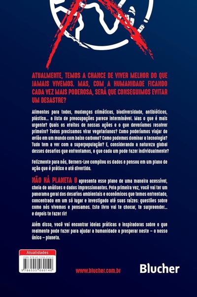 Contracapa de livro com texto informativo sobre desafios ambientais e editora Blucher