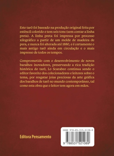 Parte traseira de um produto com texto em português sobre tarô e código de barras
