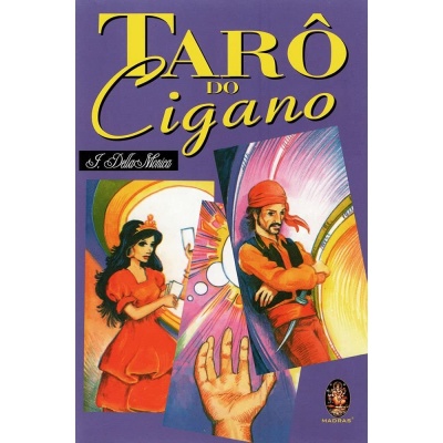 Caixa de Tarô do Cigano com ilustrações coloridas de personagens e mão em fundo roxo