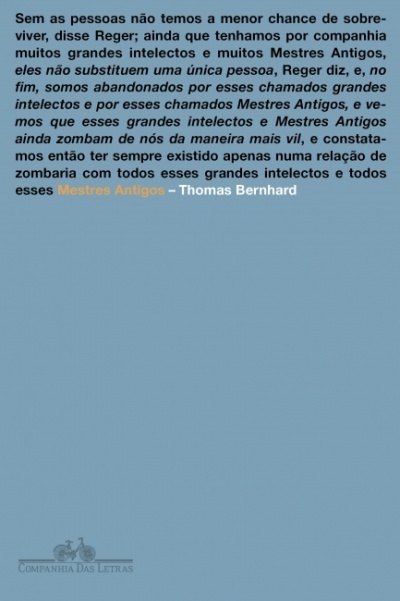 Capa de livro azul claro com texto em português sobre mestres antigos e logo Companhia das Letras