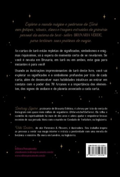 Contracapa de livro de tarô com texto descritivo em português europeu e código de barras.