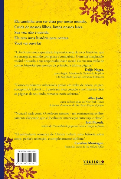 Contracapa de livro amarela com texto em português, citações, código de barras e folhas vermelhas decorativas