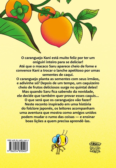 Verso de livro amarelo com texto em português e ilustrações de abelha e frutos com folhas.