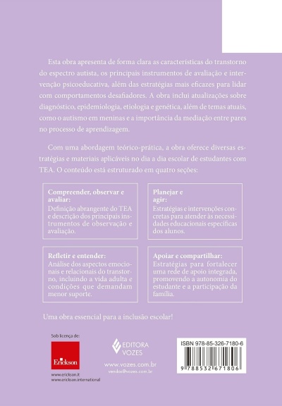 Parte traseira de um livro lilás com texto em branco e código de barras
