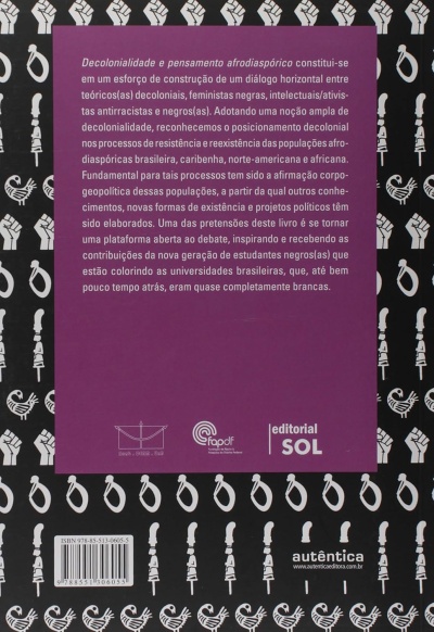 Contracapa de livro roxa com texto branco e fundo preto com padrões brancos.