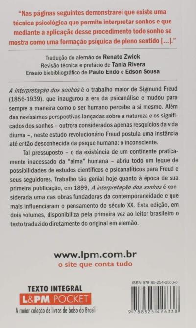 Contracapa de livro com texto sobre A interpretação dos sonhos de Sigmund Freud em português.