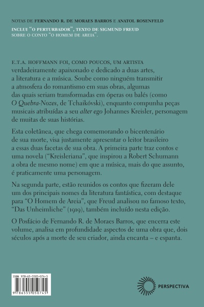 Verso de livro azul esverdeado com texto e código de barras
