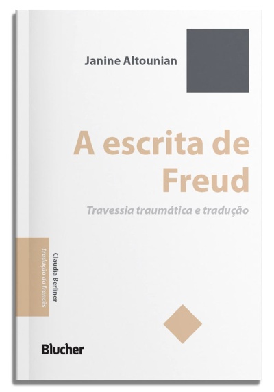 Capa de livro A escrita de Freud com design minimalista em branco, castanho e cinza