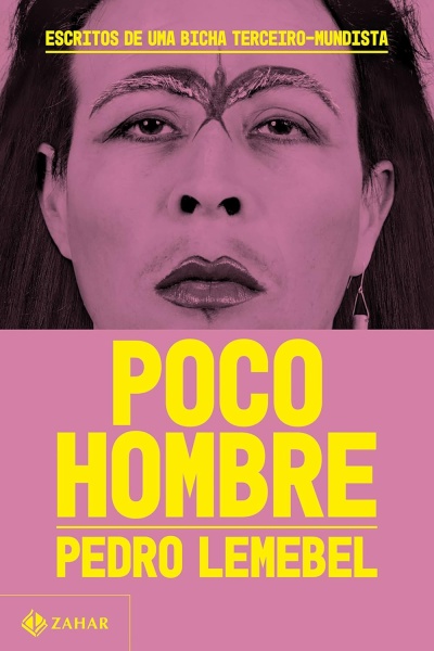Capa de livro com texto amarelo e rosto editado em tom cor-de-rosa