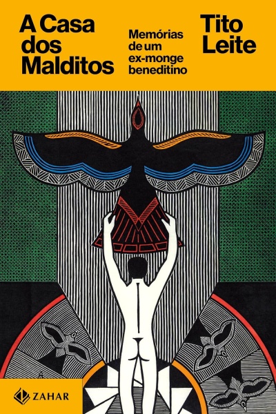 Capa do livro A Casa dos Malditos com ilustração de homem segurando pássaro estilizado e texto em amarelo e preto