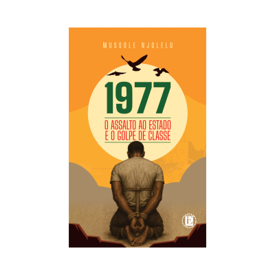 Capa de livro com fundo laranja, homem de costas com as mãos amarradas e texto em verde e vermelho